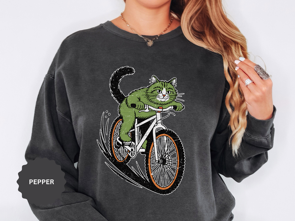 Mountain Bike Cat Sweatshirt, Funny Cycling Kitty Crewneck, Cat Lover Gift, Outdoor Adventure Graphic Cozy Biker Pullover Shirt Top