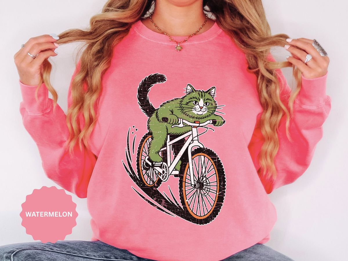 Mountain Bike Cat Sweatshirt, Funny Cycling Kitty Crewneck, Cat Lover Gift, Outdoor Adventure Graphic Cozy Biker Pullover Shirt Top