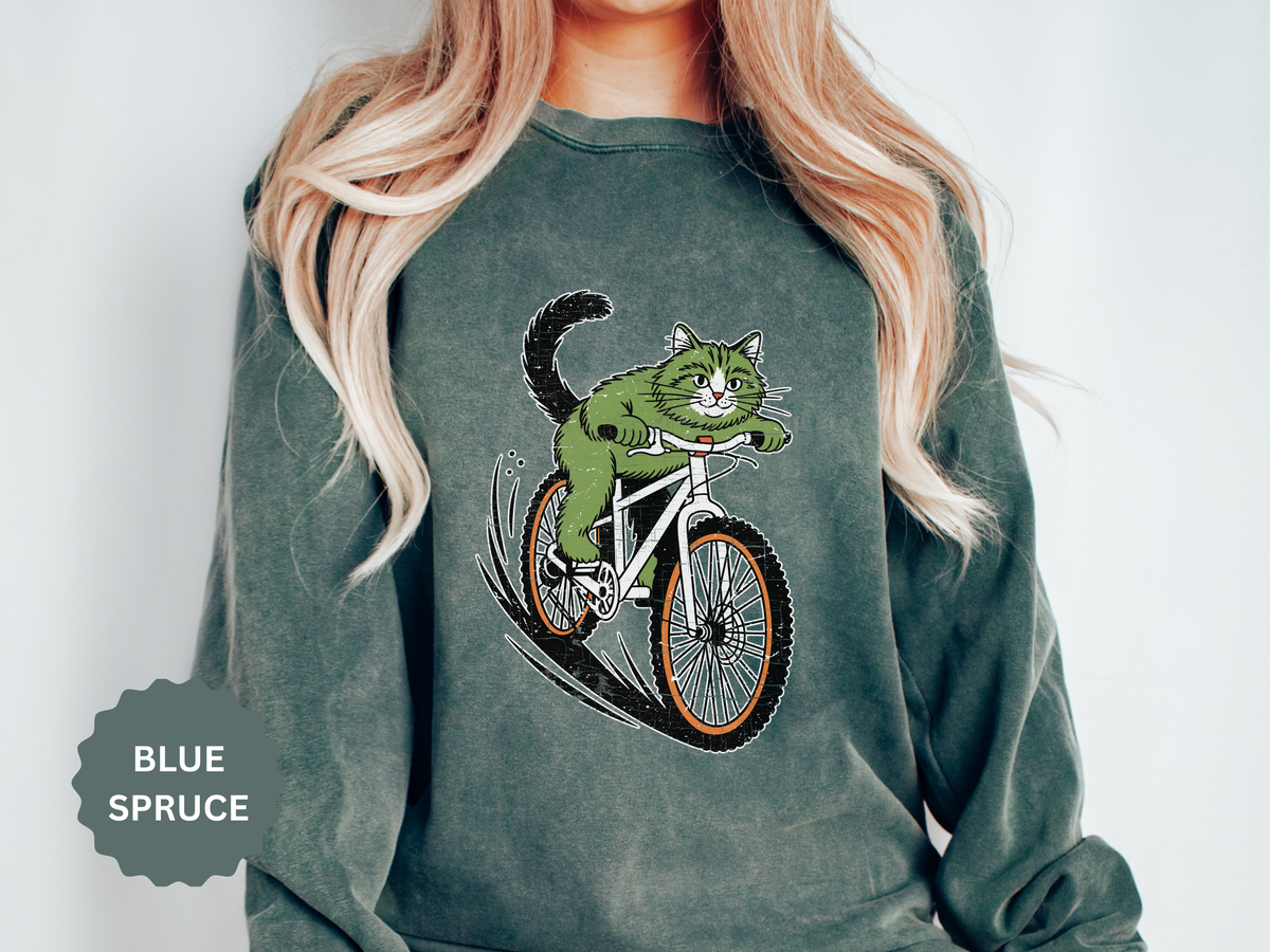 Mountain Bike Cat Sweatshirt, Funny Cycling Kitty Crewneck, Cat Lover Gift, Outdoor Adventure Graphic Cozy Biker Pullover Shirt Top