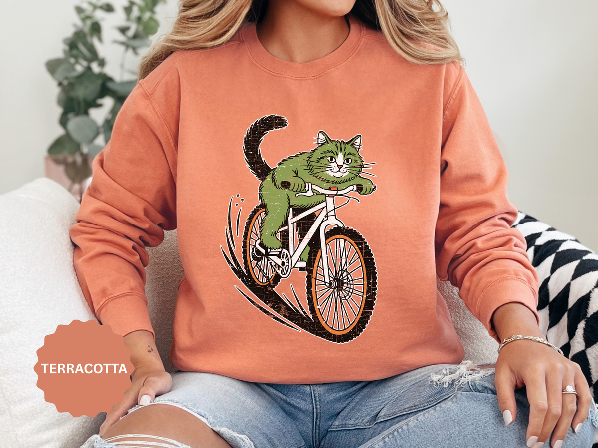 Mountain Bike Cat Sweatshirt, Funny Cycling Kitty Crewneck, Cat Lover Gift, Outdoor Adventure Graphic Cozy Biker Pullover Shirt Top