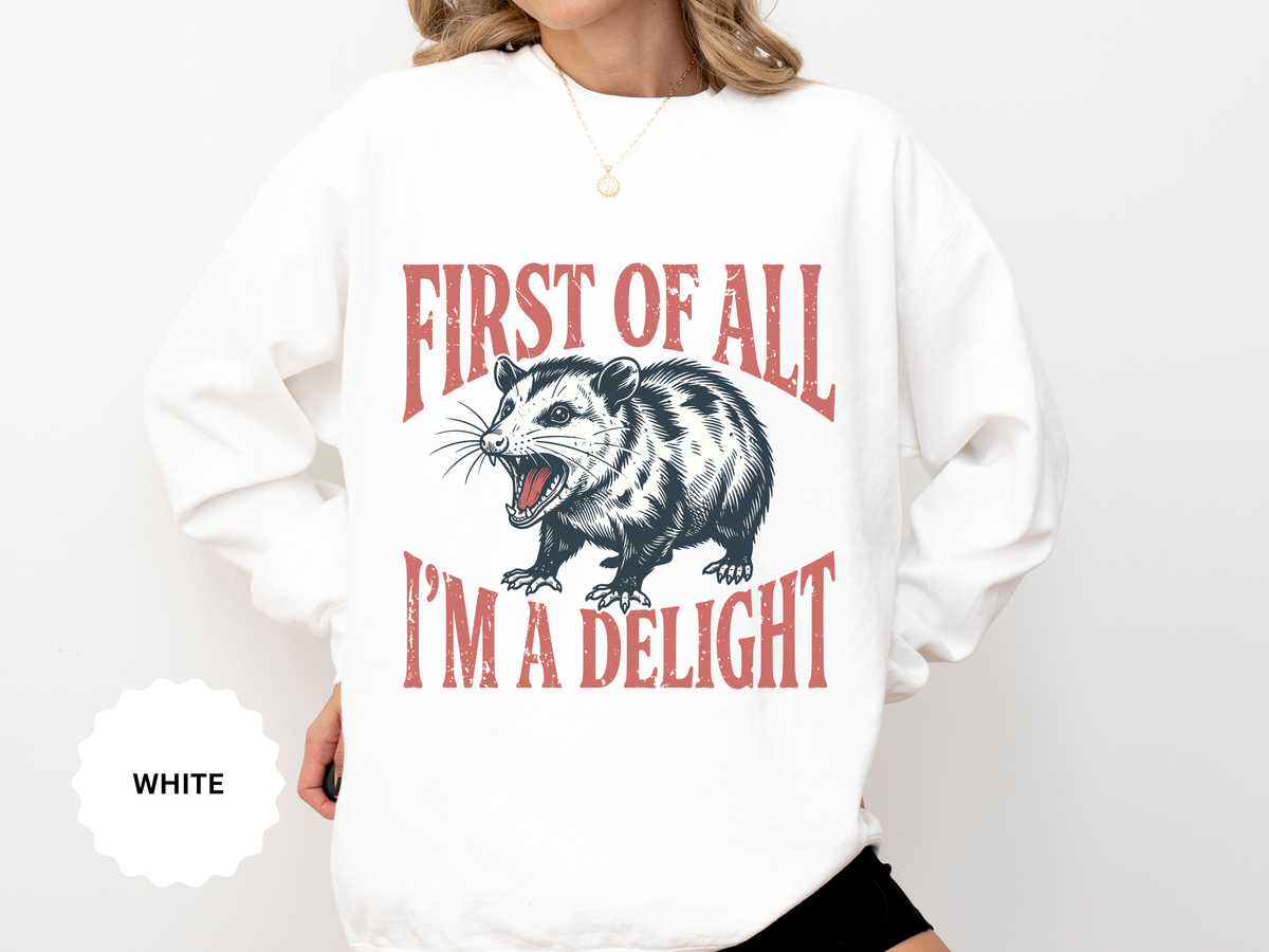 Funny Possum Sweatshirt, First of All I'm a Delight Crewneck, Sarcastic Animal Lover Gift, Vintage Opossum Graphic Cozy Pullover Top