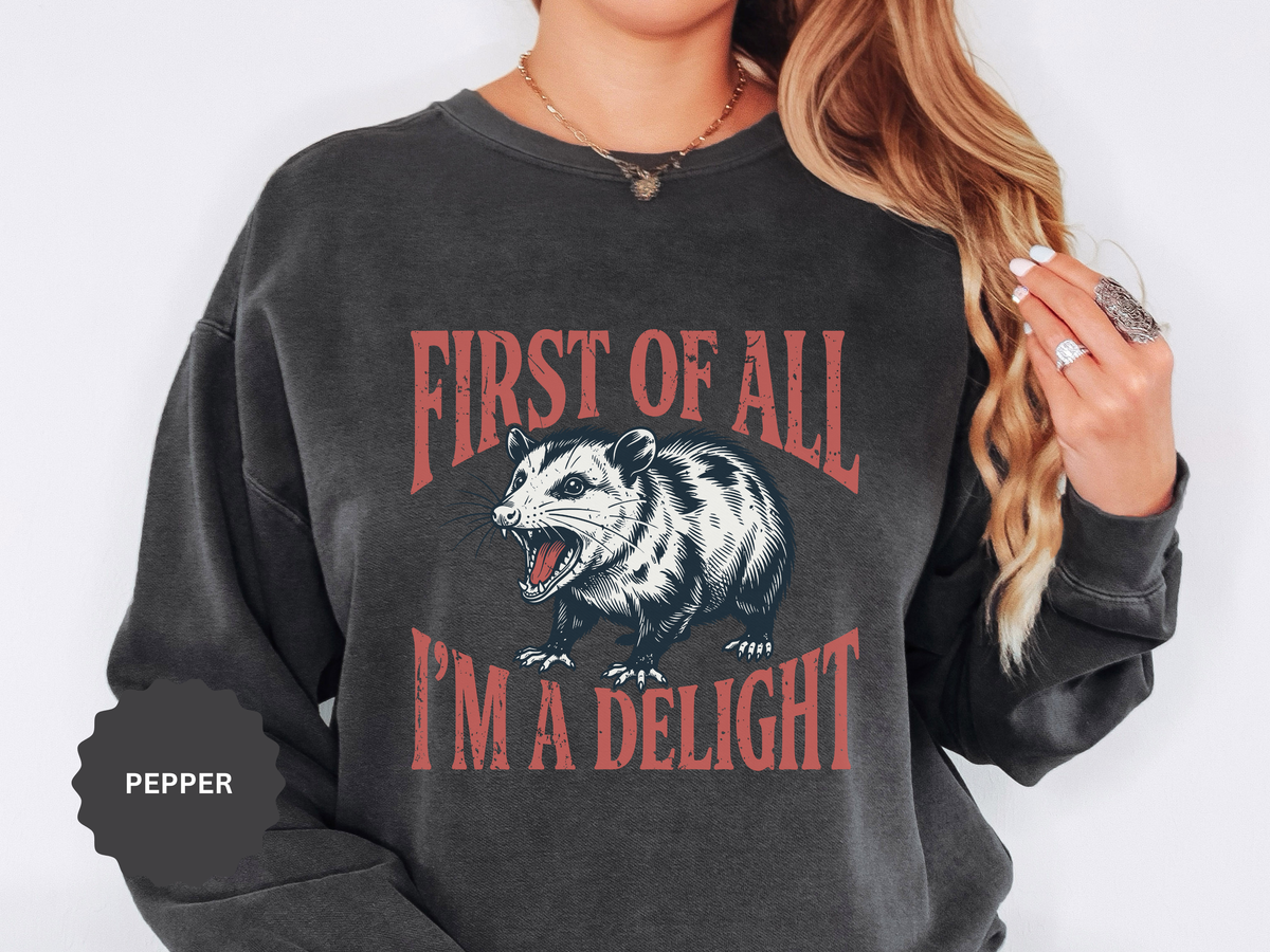 Funny Possum Sweatshirt, First of All I'm a Delight Crewneck, Sarcastic Animal Lover Gift, Vintage Opossum Graphic Cozy Pullover Top