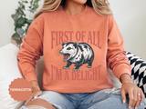 Funny Possum Sweatshirt, First of All I'm a Delight Crewneck, Sarcastic Animal Lover Gift, Vintage Opossum Graphic Cozy Pullover Top