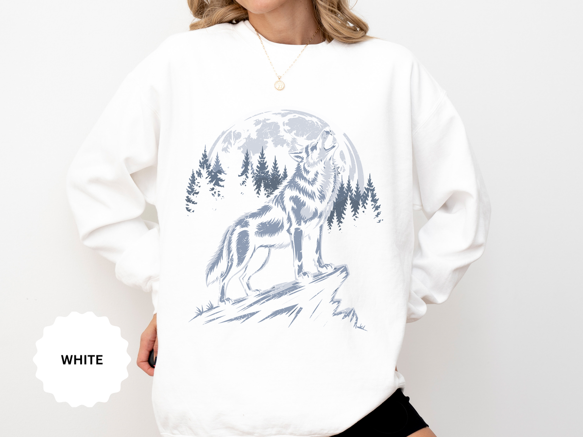Howling Wolf Moon Sweatshirt, Mountain Forest Crewneck, Wildlife Lover Gift, Rustic Wilderness Graphic Cozy Outdoor Pullover Unisex Top