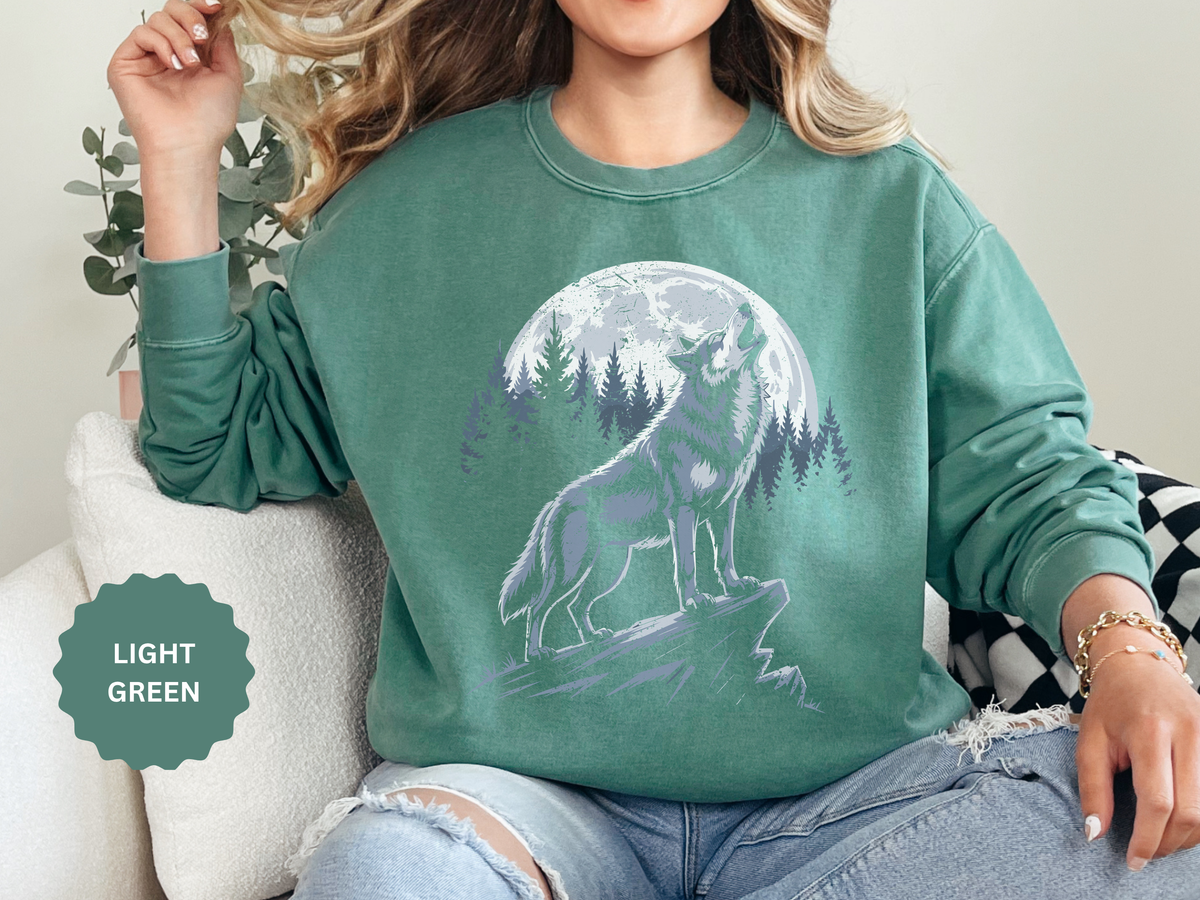 Howling Wolf Moon Sweatshirt, Mountain Forest Crewneck, Wildlife Lover Gift, Rustic Wilderness Graphic Cozy Outdoor Pullover Unisex Top