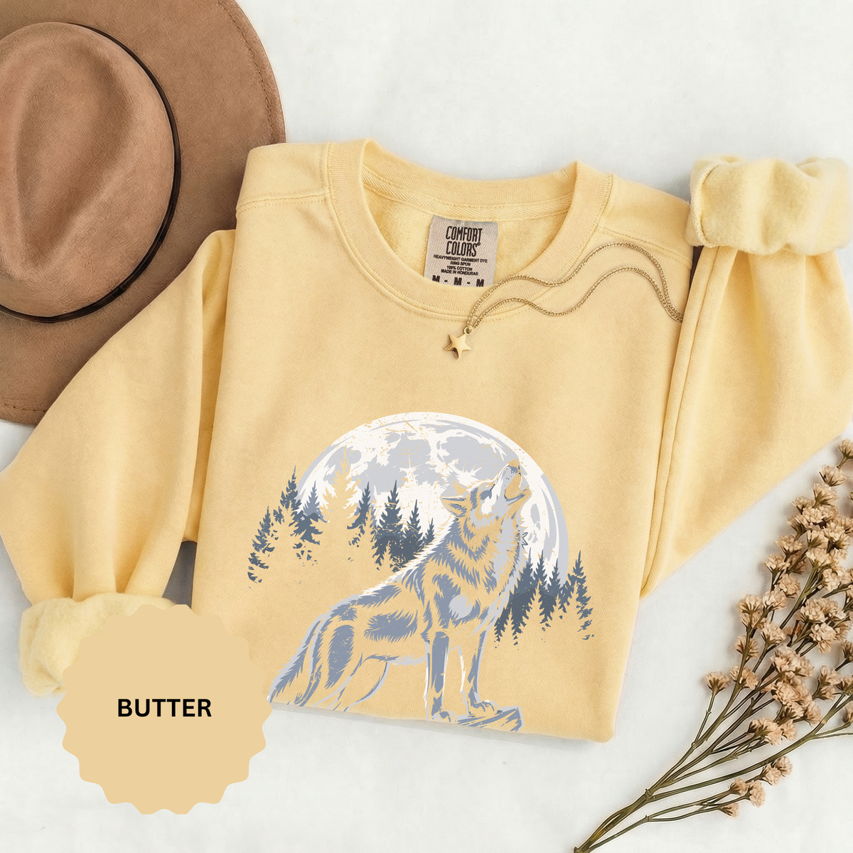 Howling Wolf Moon Sweatshirt, Mountain Forest Crewneck, Wildlife Lover Gift, Rustic Wilderness Graphic Cozy Outdoor Pullover Unisex Top