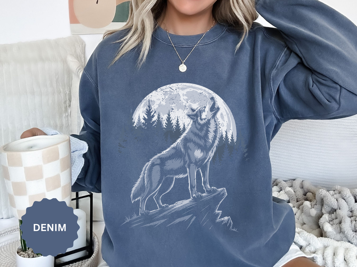 Howling Wolf Moon Sweatshirt, Mountain Forest Crewneck, Wildlife Lover Gift, Rustic Wilderness Graphic Cozy Outdoor Pullover Unisex Top