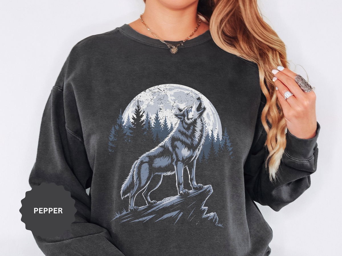 Howling Wolf Moon Sweatshirt, Mountain Forest Crewneck, Wildlife Lover Gift, Rustic Wilderness Graphic Cozy Outdoor Pullover Unisex Top