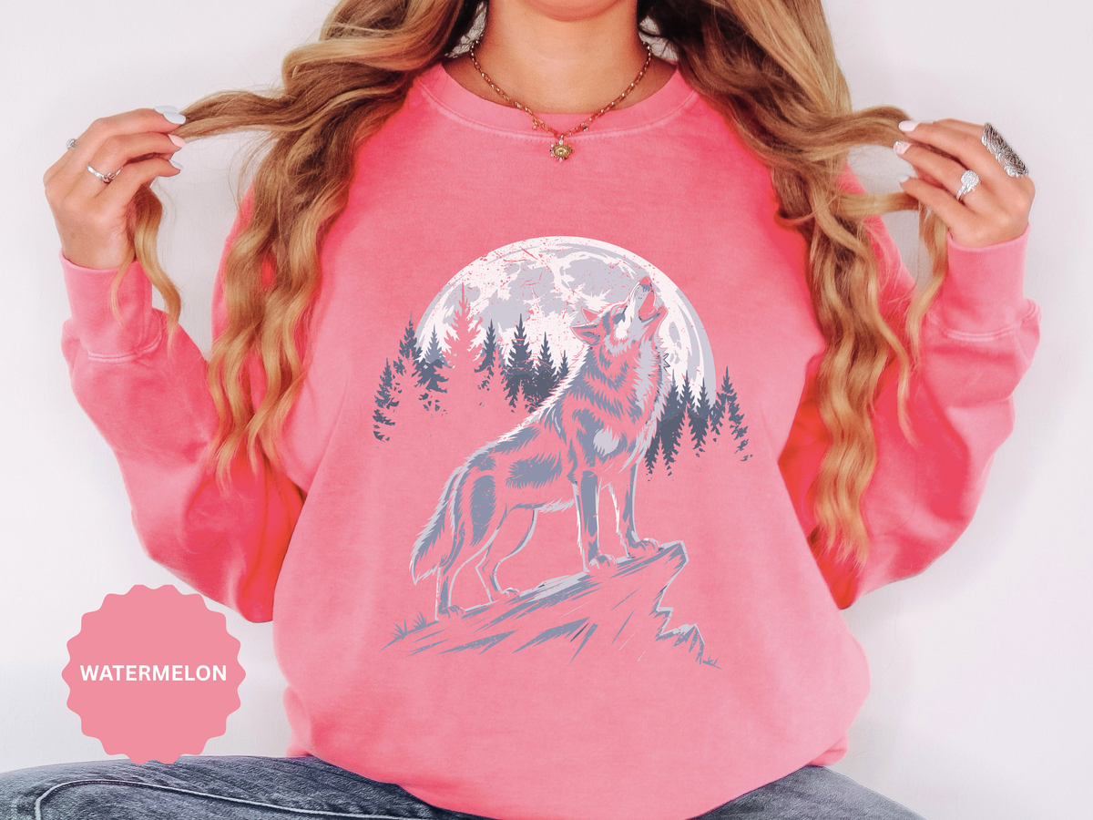 Howling Wolf Moon Sweatshirt, Mountain Forest Crewneck, Wildlife Lover Gift, Rustic Wilderness Graphic Cozy Outdoor Pullover Unisex Top