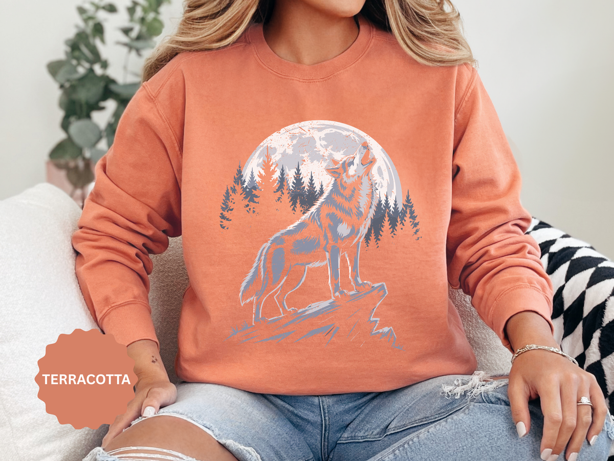 Howling Wolf Moon Sweatshirt, Mountain Forest Crewneck, Wildlife Lover Gift, Rustic Wilderness Graphic Cozy Outdoor Pullover Unisex Top