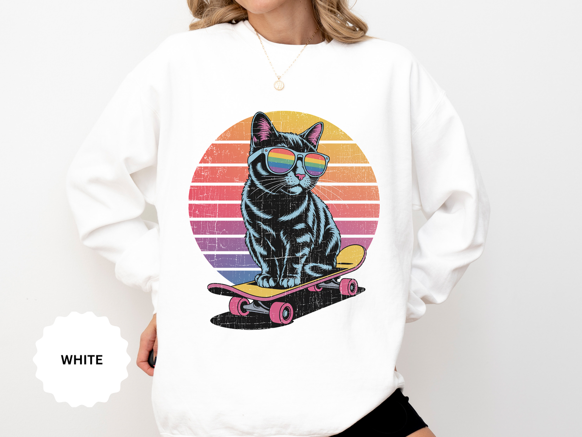 Retro Skateboard Cat Sweatshirt, Rainbow Sunglasses Kitty Crewneck, Funny Cat Lover Gift, Vintage Skater Graphic Cozy Pullover Top
