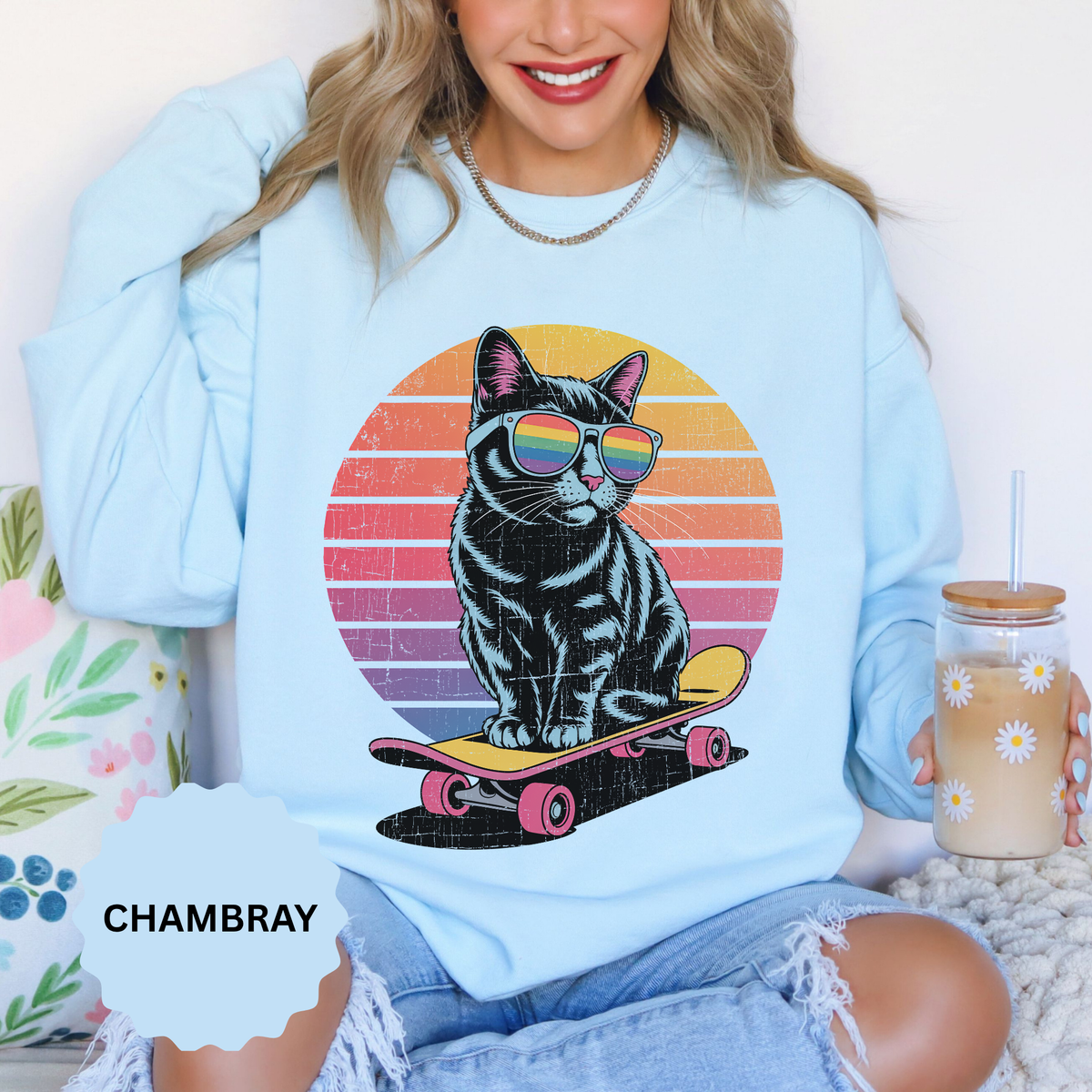 Retro Skateboard Cat Sweatshirt, Rainbow Sunglasses Kitty Crewneck, Funny Cat Lover Gift, Vintage Skater Graphic Cozy Pullover Top
