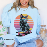 Retro Skateboard Cat Sweatshirt, Rainbow Sunglasses Kitty Crewneck, Funny Cat Lover Gift, Vintage Skater Graphic Cozy Pullover Top