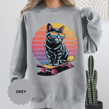 Retro Skateboard Cat Sweatshirt, Rainbow Sunglasses Kitty Crewneck, Funny Cat Lover Gift, Vintage Skater Graphic Cozy Pullover Top