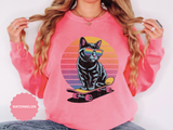 Retro Skateboard Cat Sweatshirt, Rainbow Sunglasses Kitty Crewneck, Funny Cat Lover Gift, Vintage Skater Graphic Cozy Pullover Top