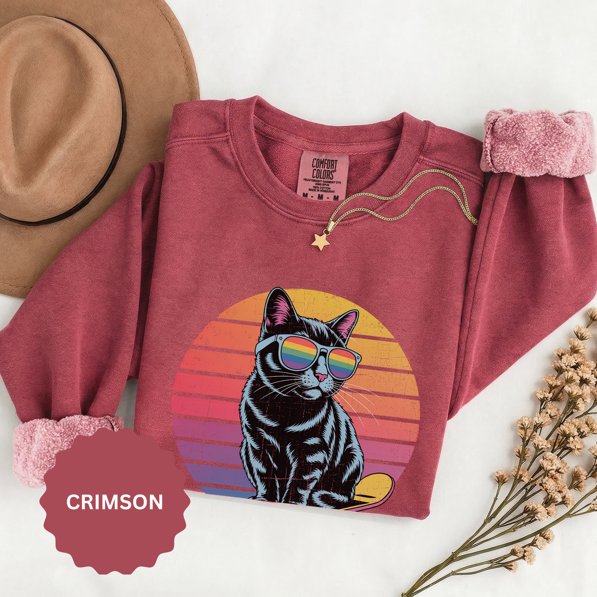 Retro Skateboard Cat Sweatshirt, Rainbow Sunglasses Kitty Crewneck, Funny Cat Lover Gift, Vintage Skater Graphic Cozy Pullover Top