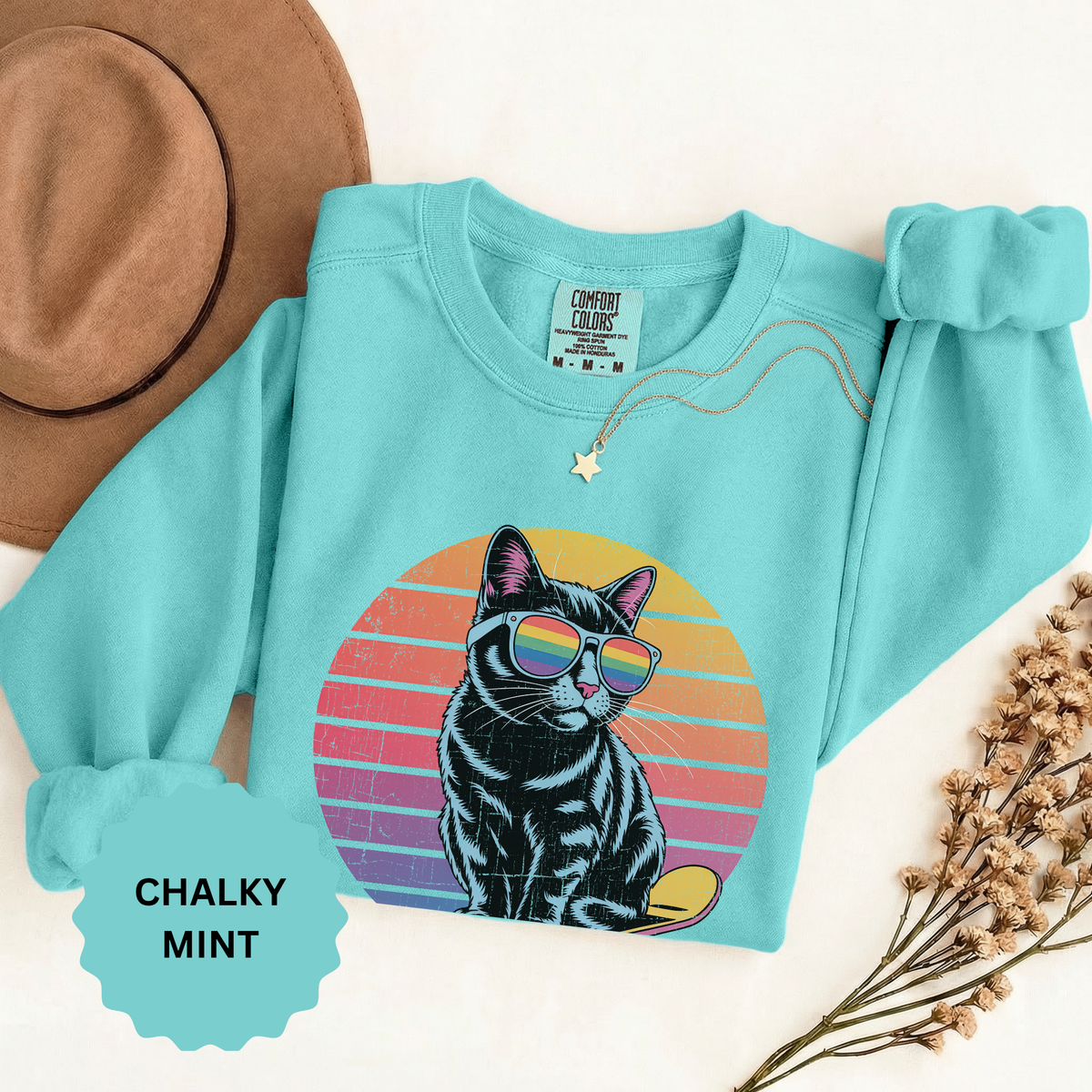 Retro Skateboard Cat Sweatshirt, Rainbow Sunglasses Kitty Crewneck, Funny Cat Lover Gift, Vintage Skater Graphic Cozy Pullover Top