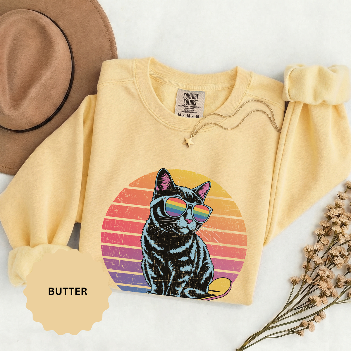 Retro Skateboard Cat Sweatshirt, Rainbow Sunglasses Kitty Crewneck, Funny Cat Lover Gift, Vintage Skater Graphic Cozy Pullover Top