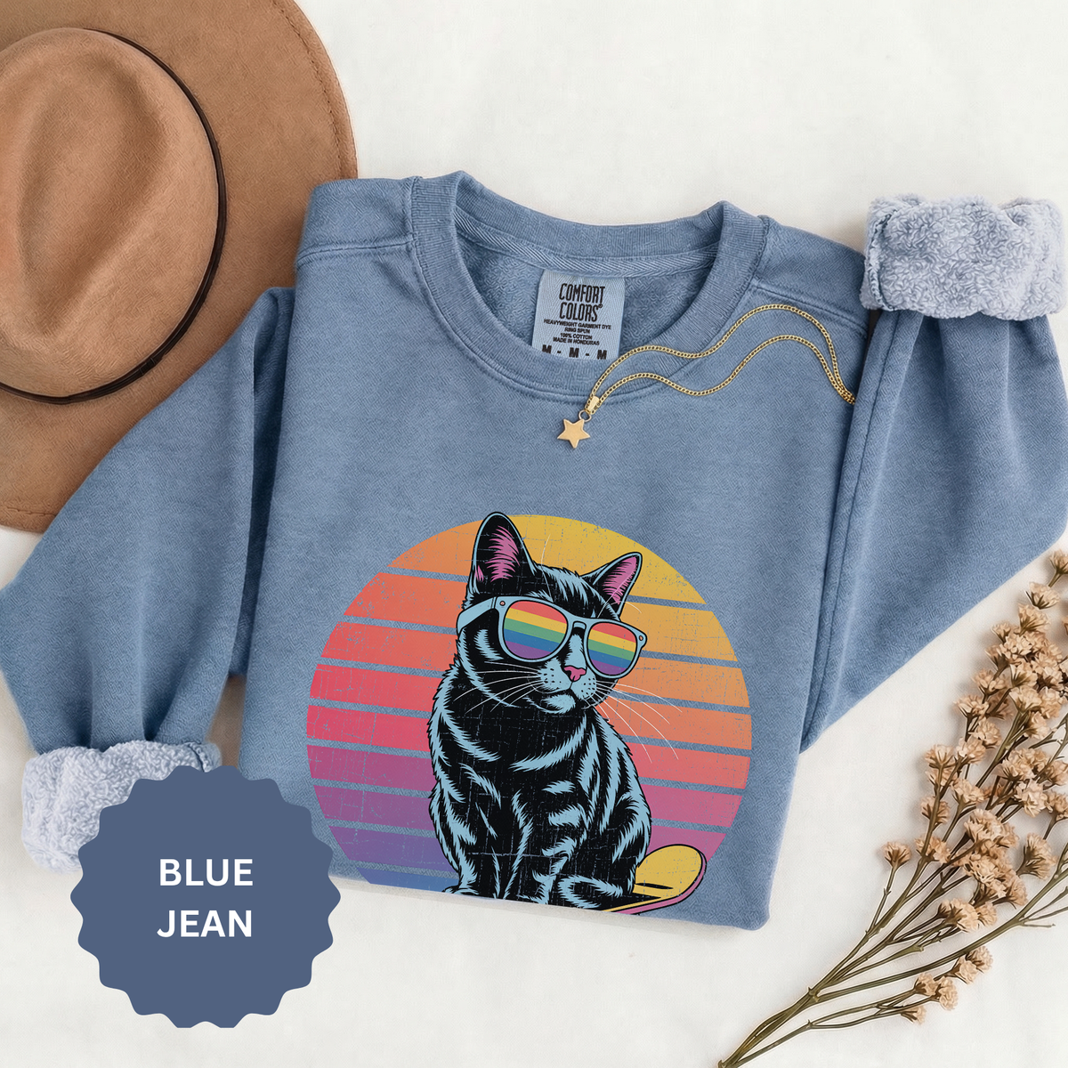 Retro Skateboard Cat Sweatshirt, Rainbow Sunglasses Kitty Crewneck, Funny Cat Lover Gift, Vintage Skater Graphic Cozy Pullover Top