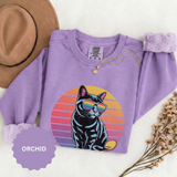 Retro Skateboard Cat Sweatshirt, Rainbow Sunglasses Kitty Crewneck, Funny Cat Lover Gift, Vintage Skater Graphic Cozy Pullover Top