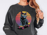 Retro Skateboard Cat Sweatshirt, Rainbow Sunglasses Kitty Crewneck, Funny Cat Lover Gift, Vintage Skater Graphic Cozy Pullover Top