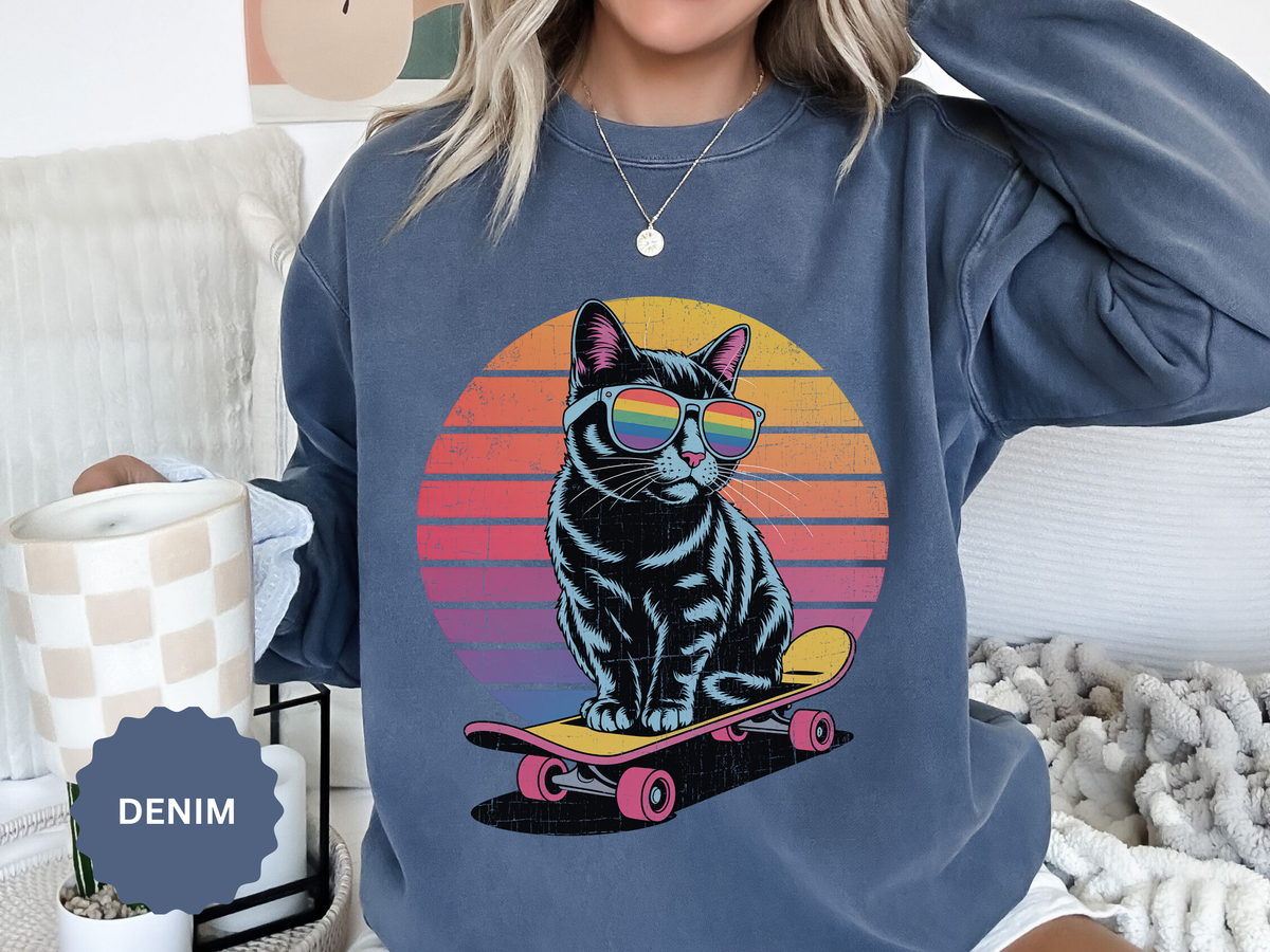 Retro Skateboard Cat Sweatshirt, Rainbow Sunglasses Kitty Crewneck, Funny Cat Lover Gift, Vintage Skater Graphic Cozy Pullover Top