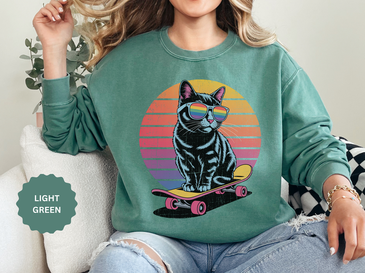 Retro Skateboard Cat Sweatshirt, Rainbow Sunglasses Kitty Crewneck, Funny Cat Lover Gift, Vintage Skater Graphic Cozy Pullover Top