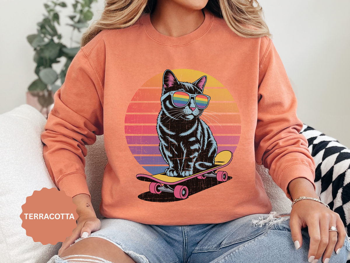 Retro Skateboard Cat Sweatshirt, Rainbow Sunglasses Kitty Crewneck, Funny Cat Lover Gift, Vintage Skater Graphic Cozy Pullover Top