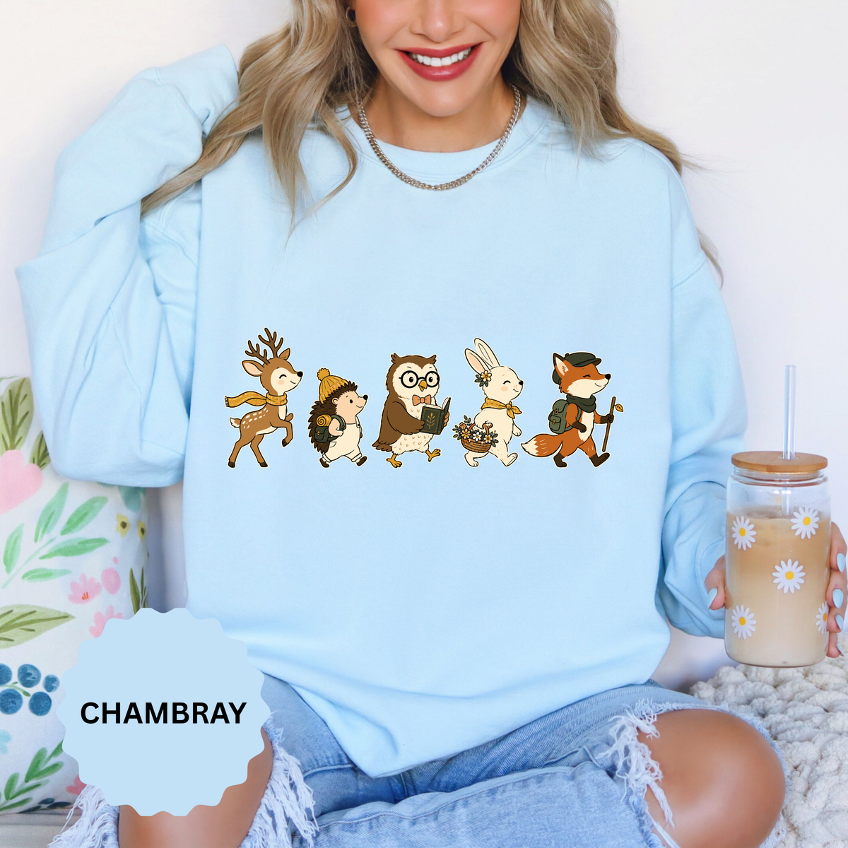 Woodland Animal Adventure Sweatshirt, Cute Forest Friends Crewneck, Deer Hedgehog Owl Bunny Fox Gift, Cozy Nature Lover Pullover Top