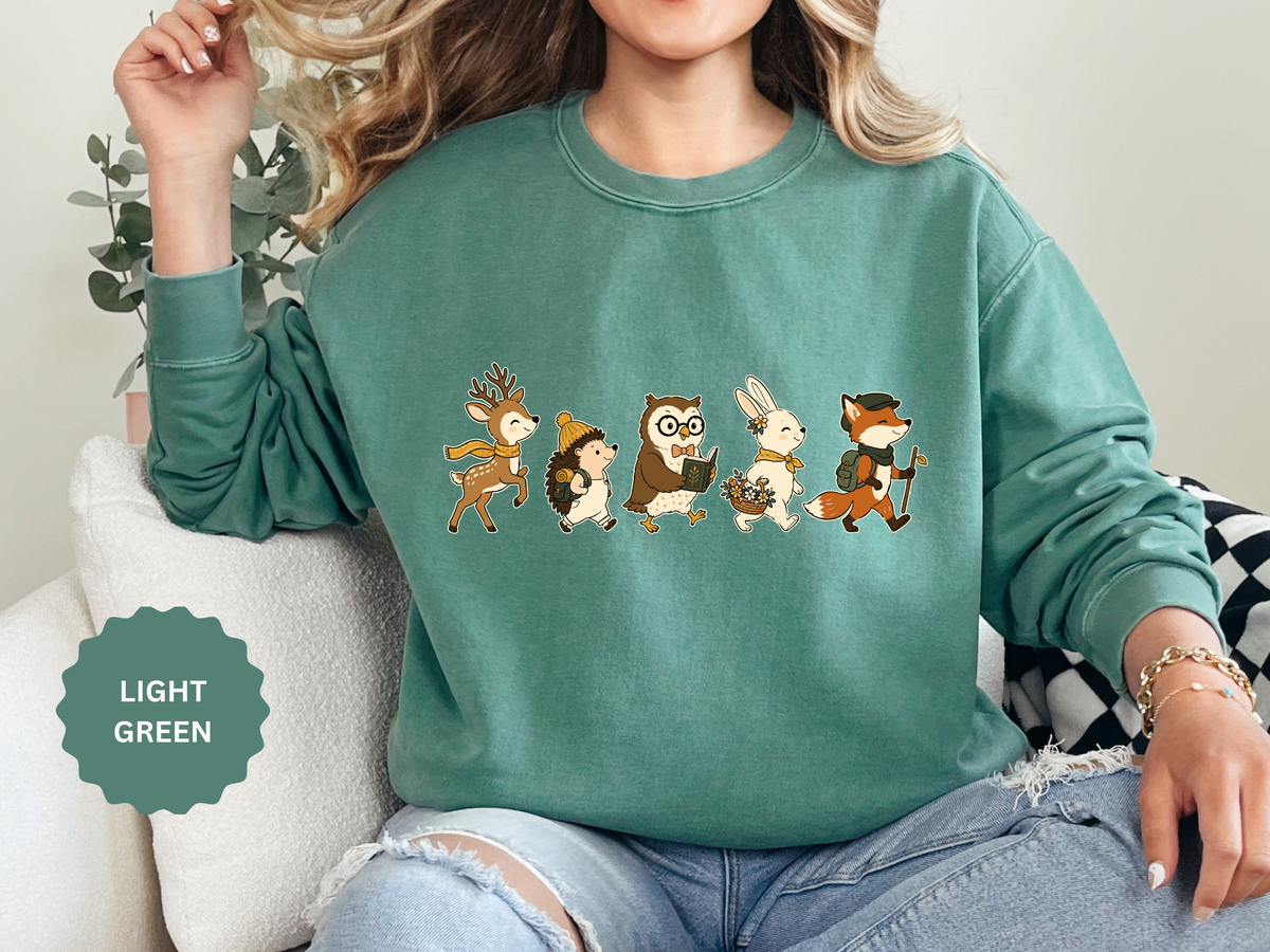 Woodland Animal Adventure Sweatshirt, Cute Forest Friends Crewneck, Deer Hedgehog Owl Bunny Fox Gift, Cozy Nature Lover Pullover Top