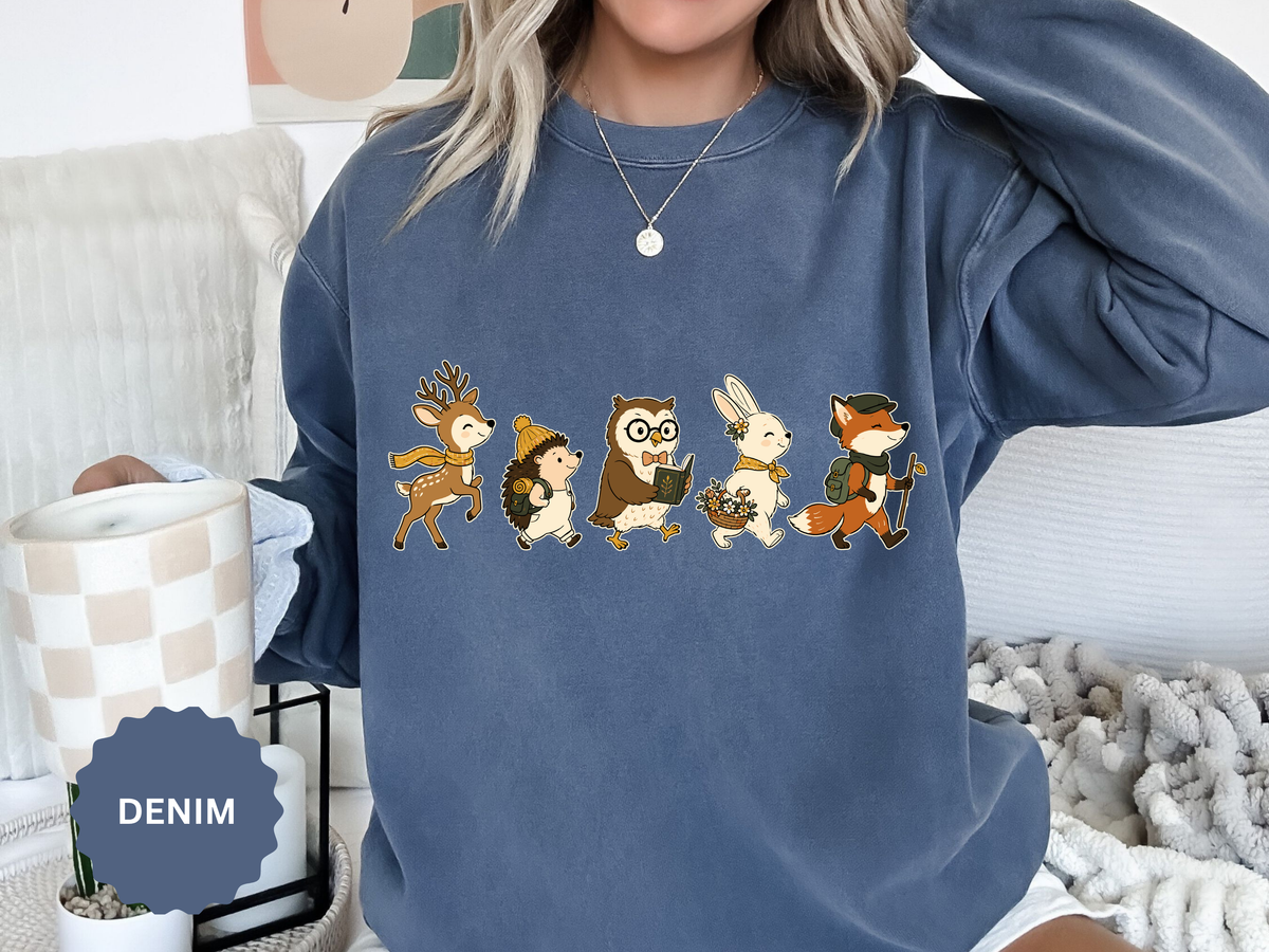Woodland Animal Adventure Sweatshirt, Cute Forest Friends Crewneck, Deer Hedgehog Owl Bunny Fox Gift, Cozy Nature Lover Pullover Top