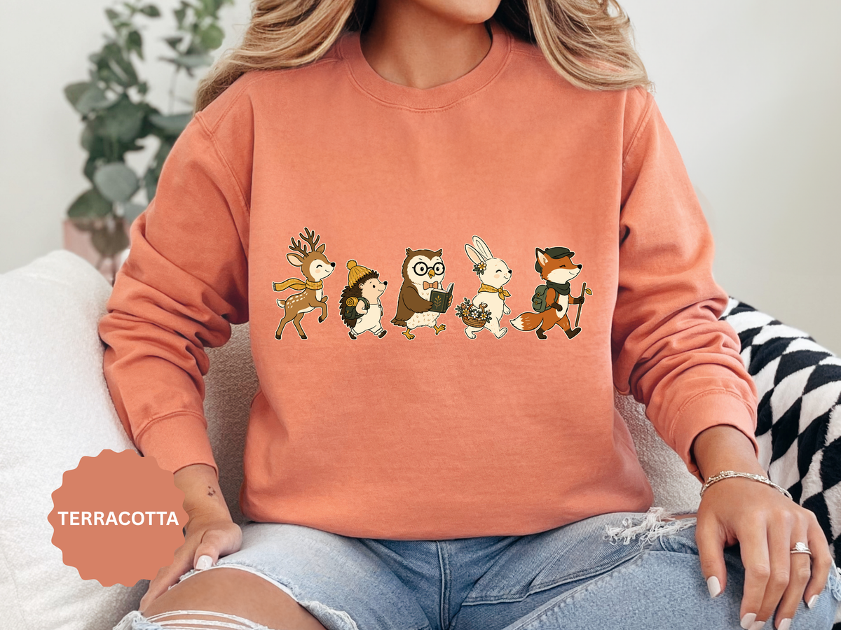 Woodland Animal Adventure Sweatshirt, Cute Forest Friends Crewneck, Deer Hedgehog Owl Bunny Fox Gift, Cozy Nature Lover Pullover Top