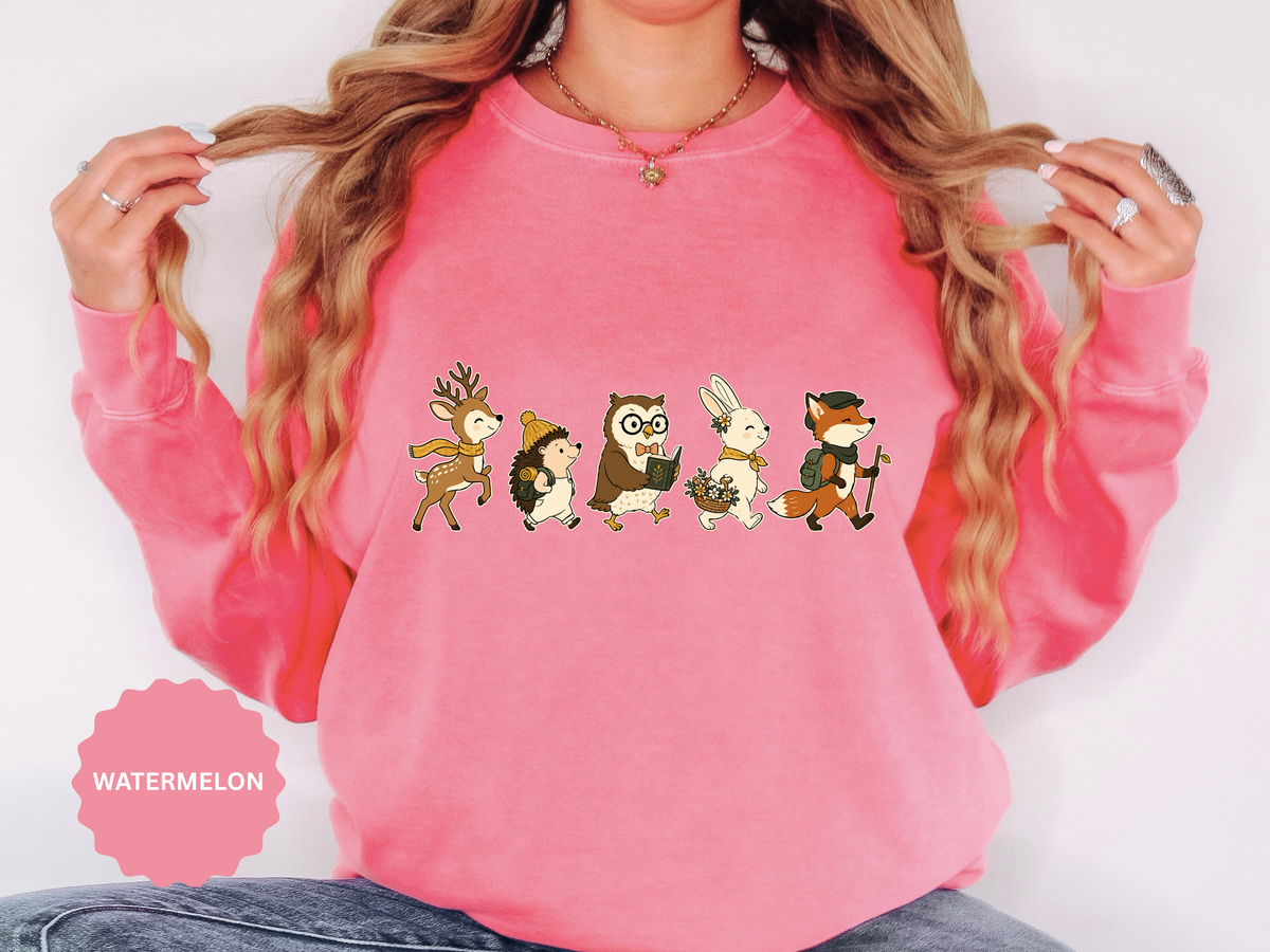 Woodland Animal Adventure Sweatshirt, Cute Forest Friends Crewneck, Deer Hedgehog Owl Bunny Fox Gift, Cozy Nature Lover Pullover Top