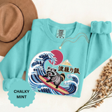 Japanese Surfing Raccoon Sweatshirt, Retro Wave Graphic Crewneck, Funny Animal Surfer Gift, Japan Inspired Beachwear Cozy Pullover
