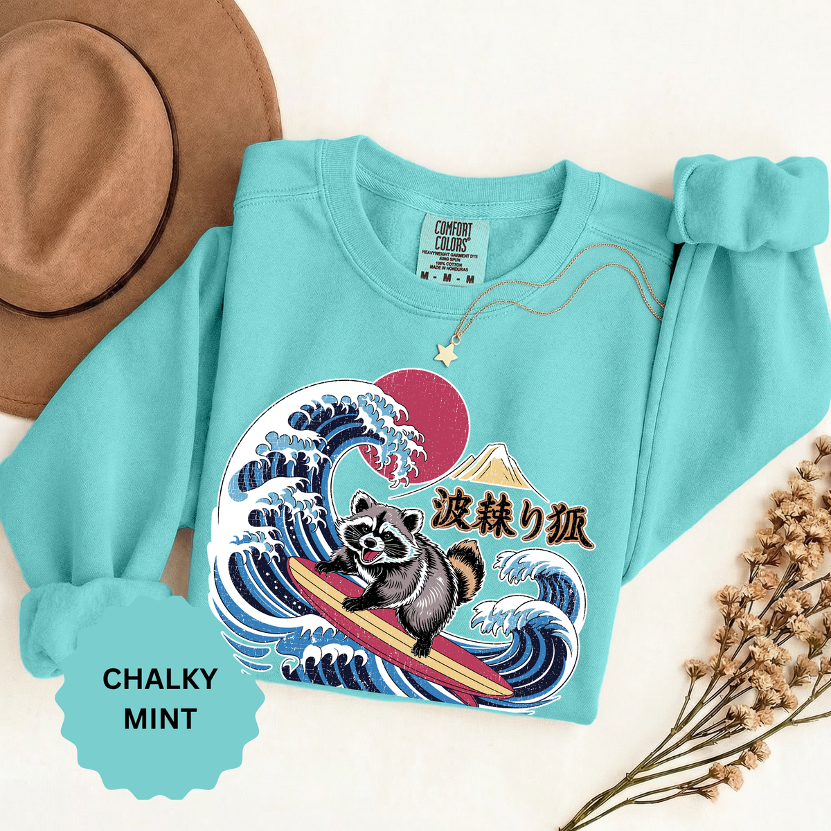 Japanese Surfing Raccoon Sweatshirt, Retro Wave Graphic Crewneck, Funny Animal Surfer Gift, Japan Inspired Beachwear Cozy Pullover