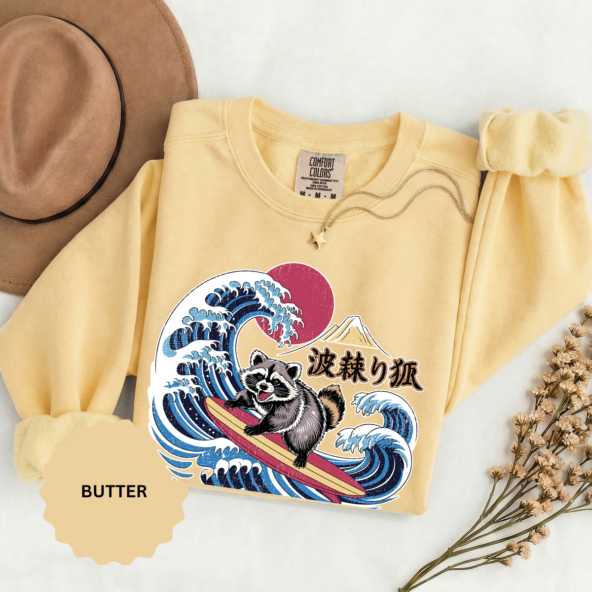 Japanese Surfing Raccoon Sweatshirt, Retro Wave Graphic Crewneck, Funny Animal Surfer Gift, Japan Inspired Beachwear Cozy Pullover