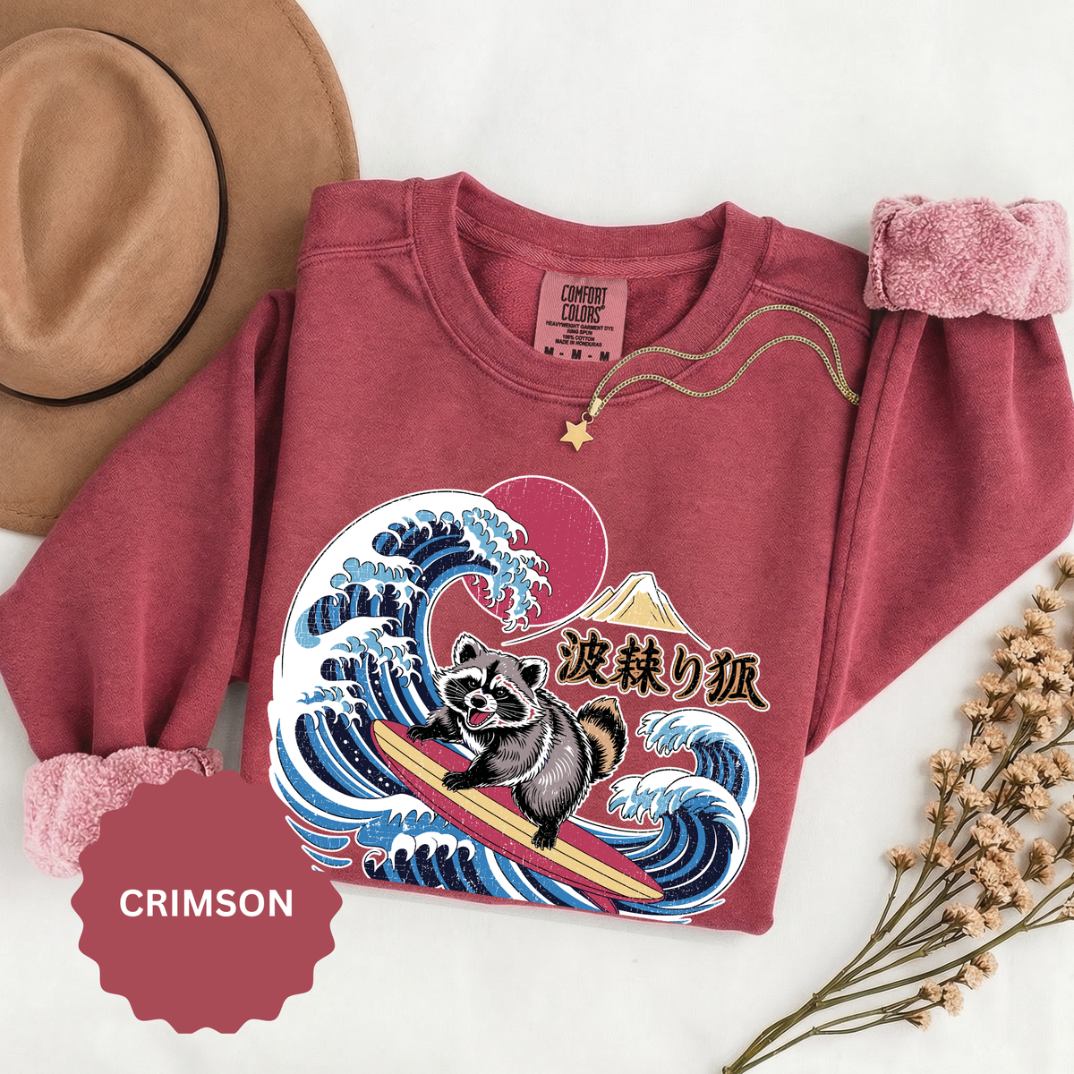 Japanese Surfing Raccoon Sweatshirt, Retro Wave Graphic Crewneck, Funny Animal Surfer Gift, Japan Inspired Beachwear Cozy Pullover
