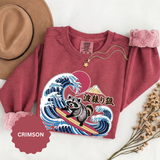 Japanese Surfing Raccoon Sweatshirt, Retro Wave Graphic Crewneck, Funny Animal Surfer Gift, Japan Inspired Beachwear Cozy Pullover