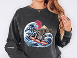 Japanese Surfing Raccoon Sweatshirt, Retro Wave Graphic Crewneck, Funny Animal Surfer Gift, Japan Inspired Beachwear Cozy Pullover