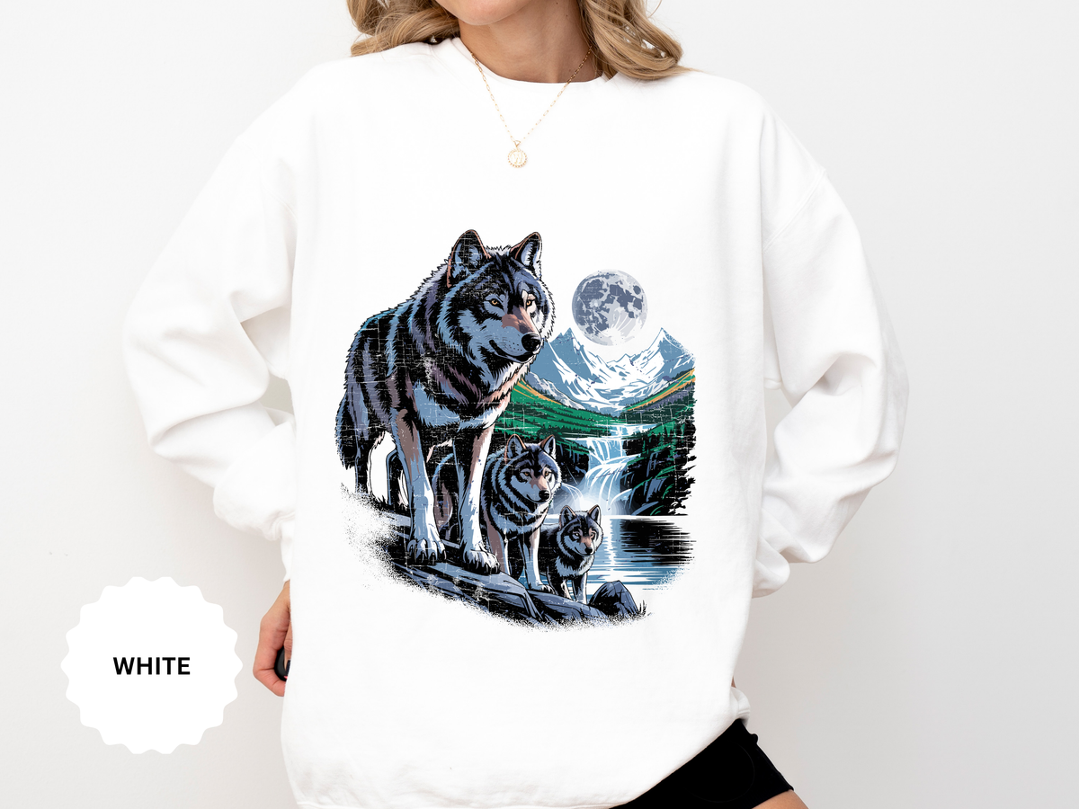 Wolf Pack Mountain Sweatshirt, Moonlit Wildlife Crewneck, Nature Lover Gift, Wilderness Forest Graphic Cozy Outdoor Pullover Unisex Top