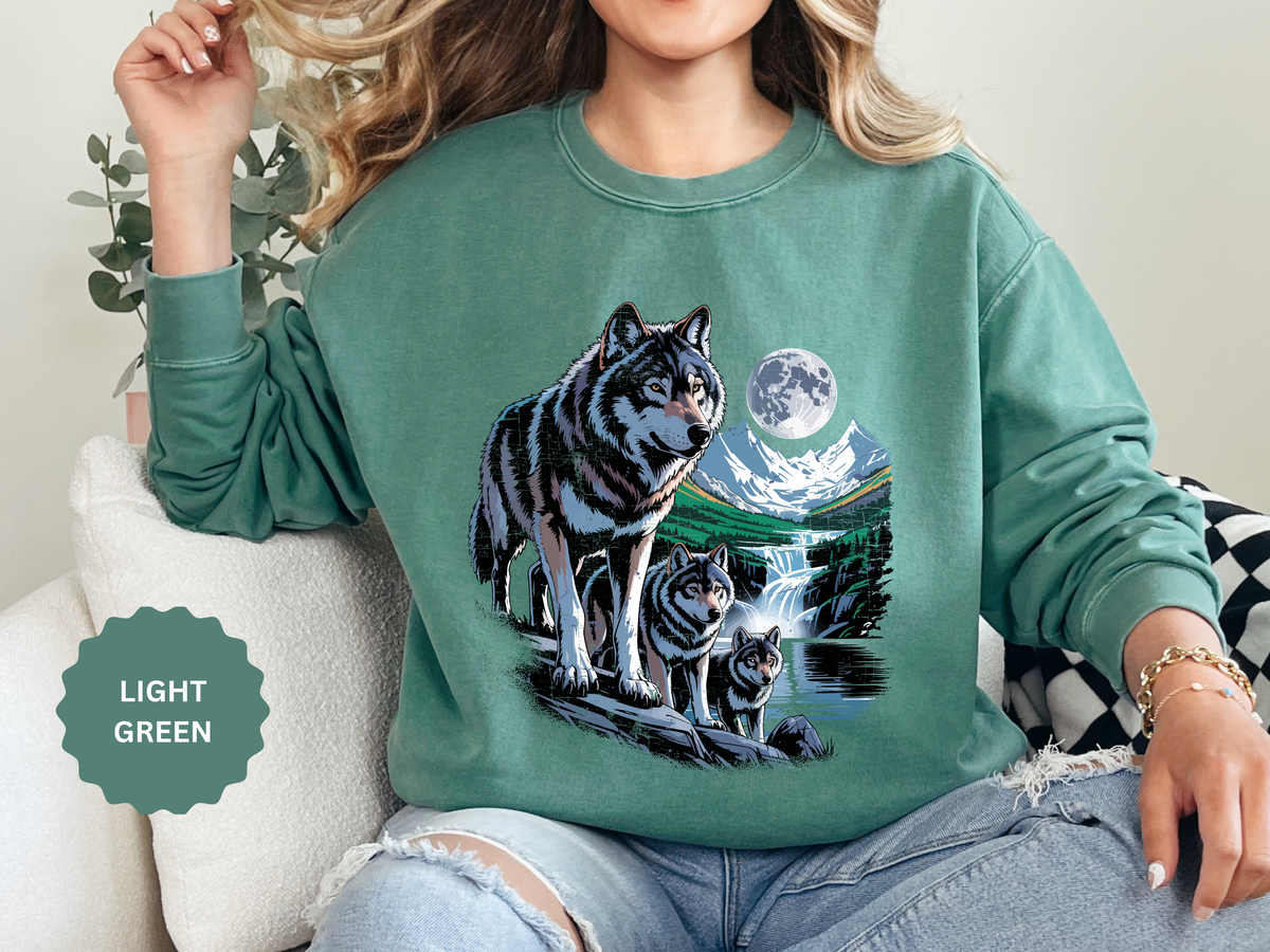 Wolf Pack Mountain Sweatshirt, Moonlit Wildlife Crewneck, Nature Lover Gift, Wilderness Forest Graphic Cozy Outdoor Pullover Unisex Top
