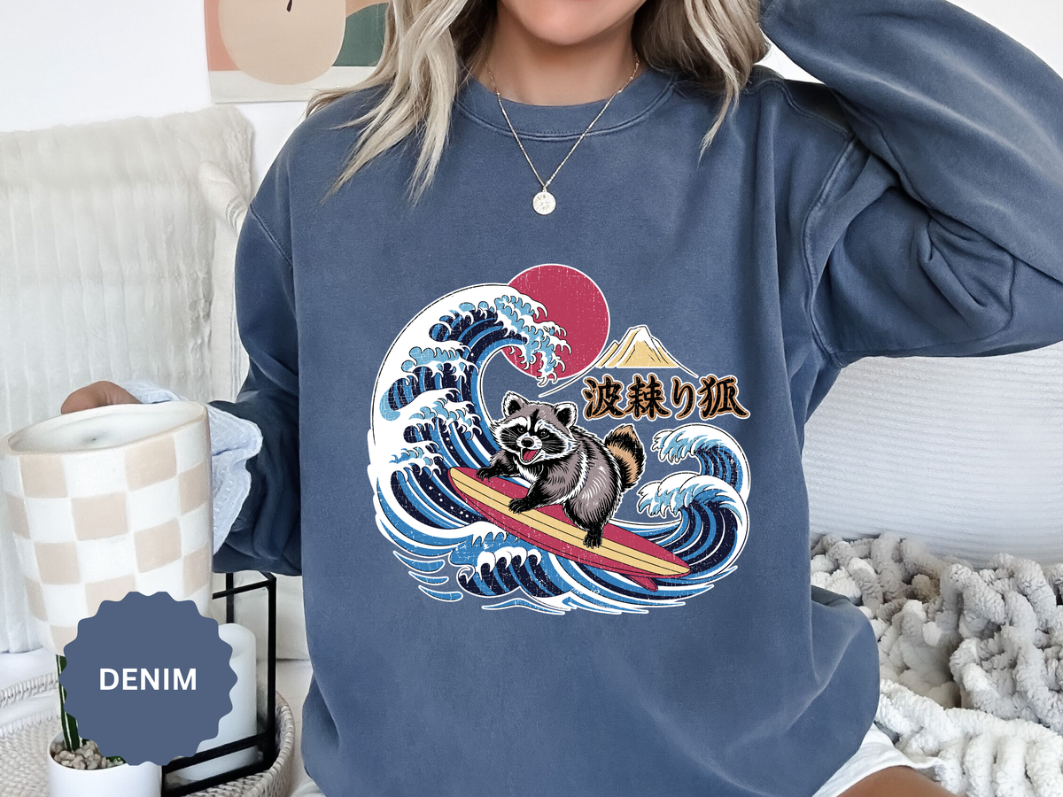 Japanese Surfing Raccoon Sweatshirt, Retro Wave Graphic Crewneck, Funny Animal Surfer Gift, Japan Inspired Beachwear Cozy Pullover