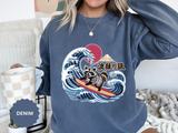 Japanese Surfing Raccoon Sweatshirt, Retro Wave Graphic Crewneck, Funny Animal Surfer Gift, Japan Inspired Beachwear Cozy Pullover