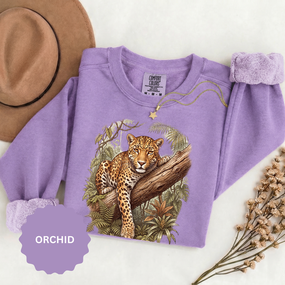 Vintage Leopard Jungle Sweatshirt, Tropical Big Cat Crewneck, Wildlife Nature Lover Gift, Botanical Safari Graphic Cozy Pullover Top