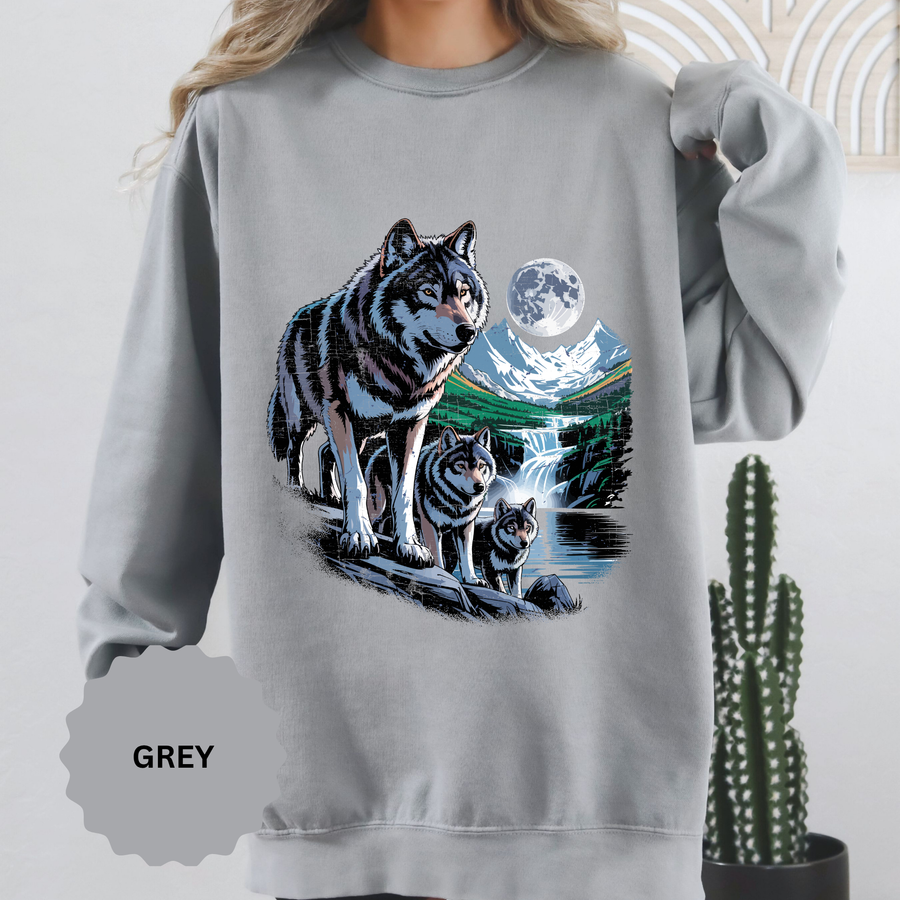 Wolf Pack Mountain Sweatshirt, Moonlit Wildlife Crewneck, Nature Lover Gift, Wilderness Forest Graphic Cozy Outdoor Pullover Unisex Top
