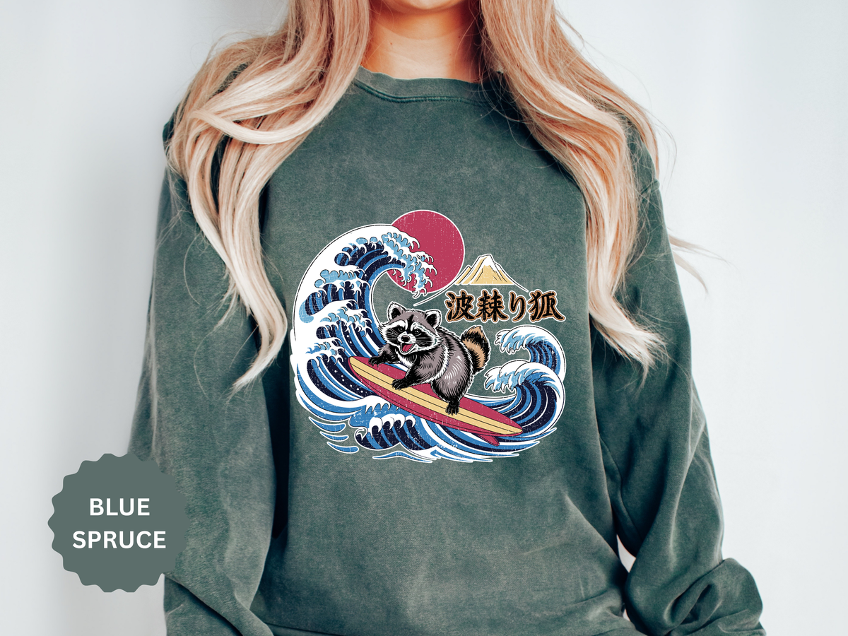 Japanese Surfing Raccoon Sweatshirt, Retro Wave Graphic Crewneck, Funny Animal Surfer Gift, Japan Inspired Beachwear Cozy Pullover