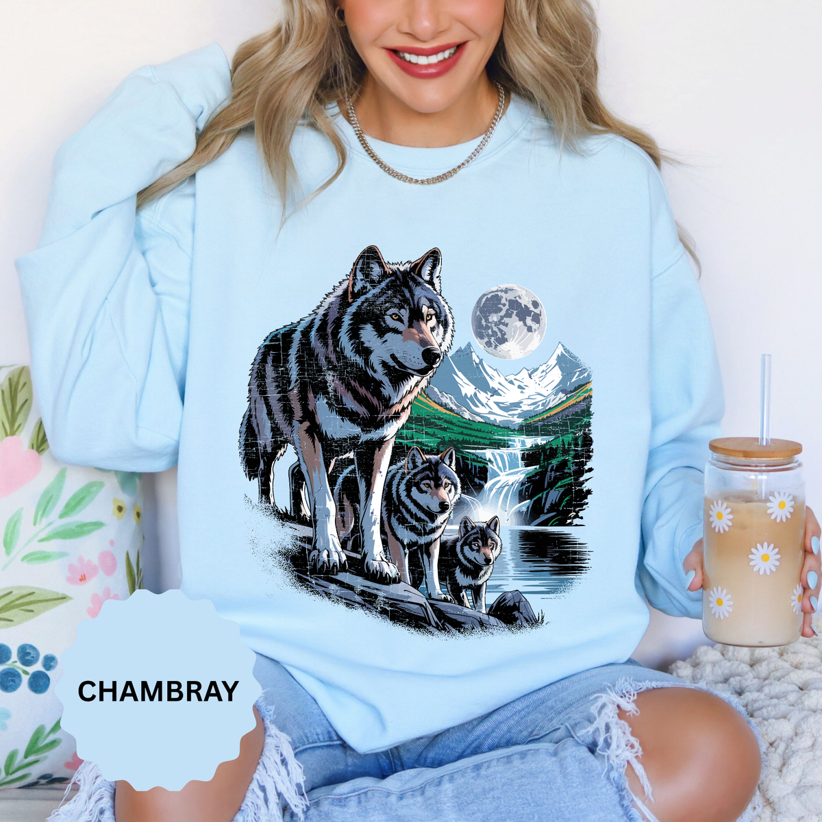 Wolf Pack Mountain Sweatshirt, Moonlit Wildlife Crewneck, Nature Lover Gift, Wilderness Forest Graphic Cozy Outdoor Pullover Unisex Top