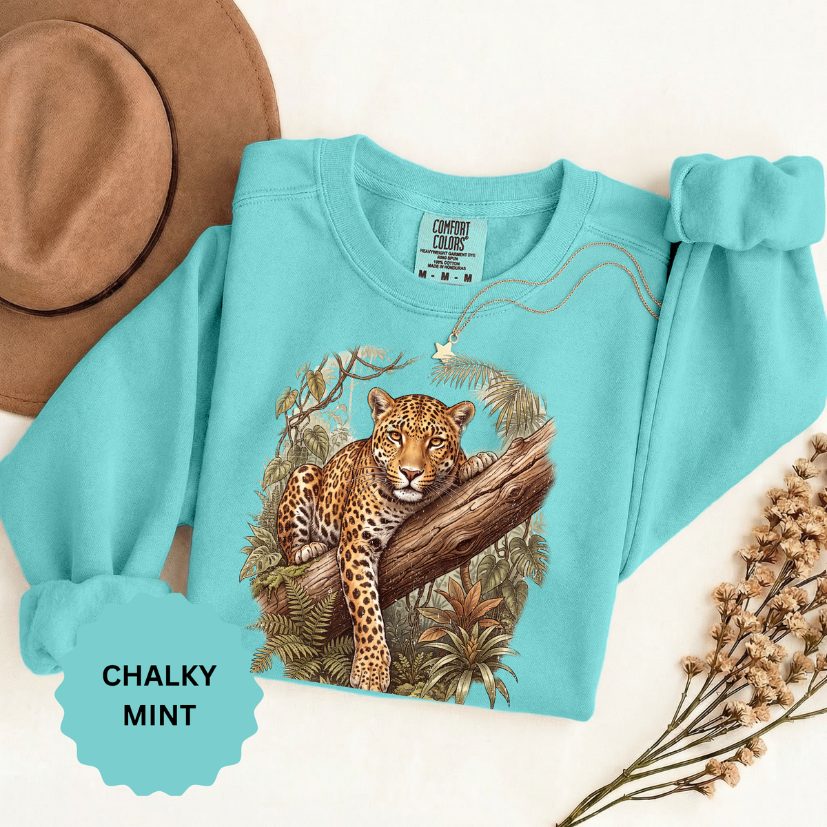 Vintage Leopard Jungle Sweatshirt, Tropical Big Cat Crewneck, Wildlife Nature Lover Gift, Botanical Safari Graphic Cozy Pullover Top