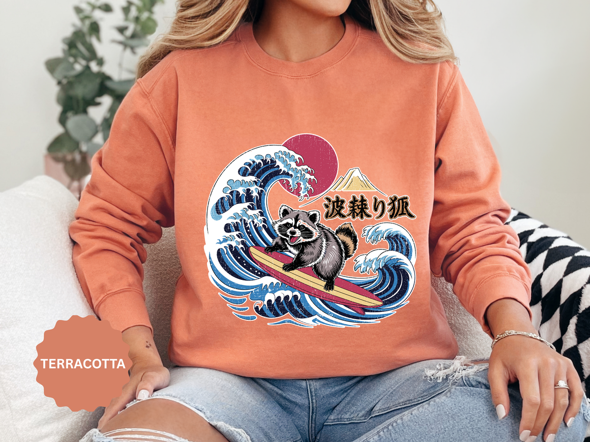 Japanese Surfing Raccoon Sweatshirt, Retro Wave Graphic Crewneck, Funny Animal Surfer Gift, Japan Inspired Beachwear Cozy Pullover