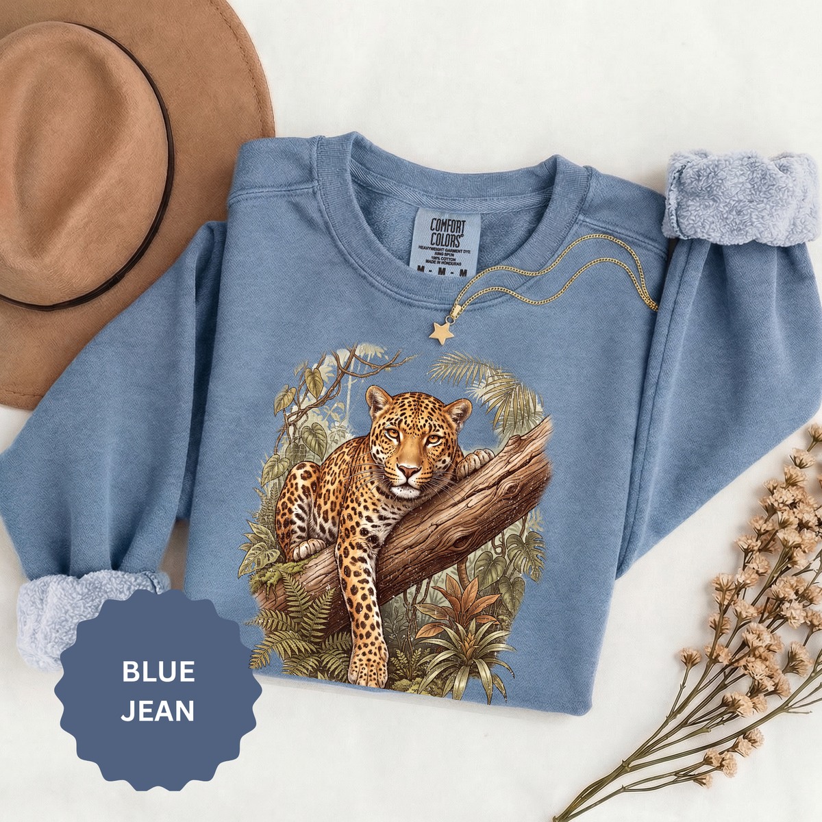 Vintage Leopard Jungle Sweatshirt, Tropical Big Cat Crewneck, Wildlife Nature Lover Gift, Botanical Safari Graphic Cozy Pullover Top
